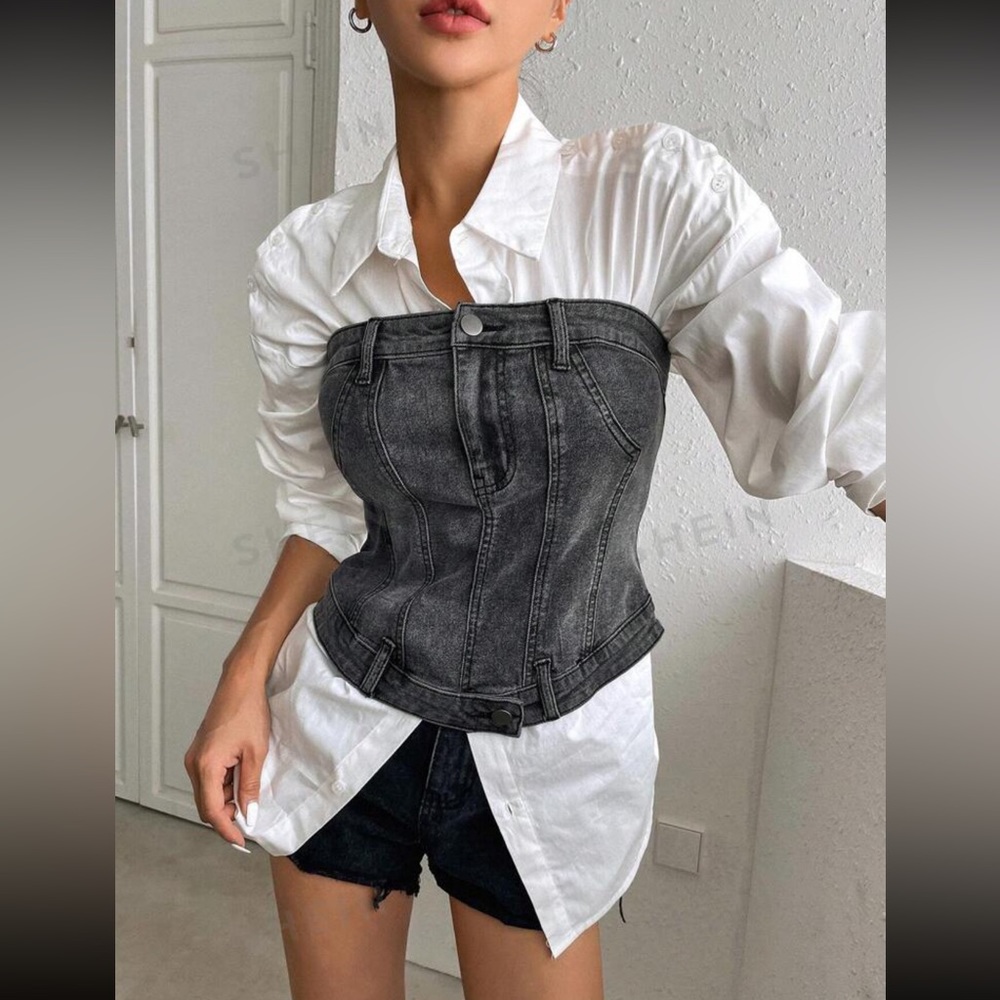Solid Button Front Tube Denim Top Without White B… - image 2